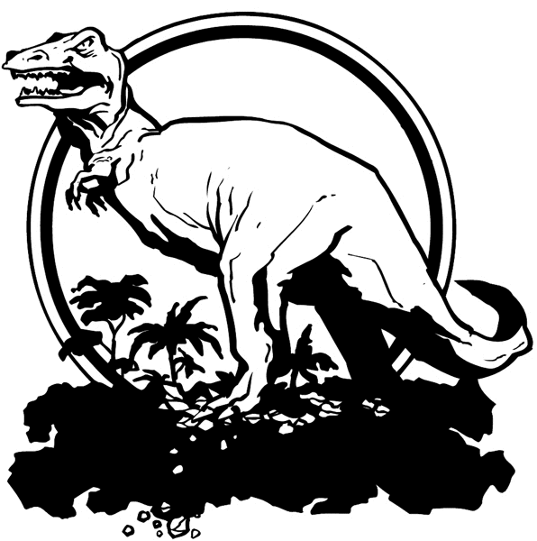 T-Rex Dinosaur standing in trees vinyl sticker. Customize on line. Animals Insects Fish T-Rex Dinosaurs 004-0792